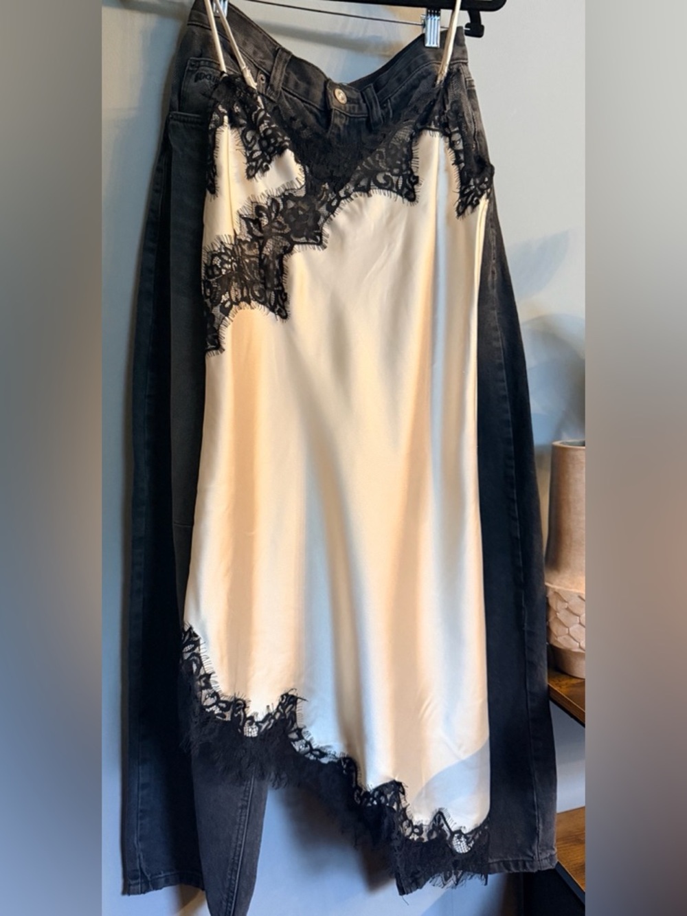 Black Lace Trim Satin Slip Dress Champagne Midi XS